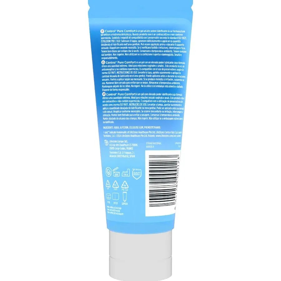 Tube bleu de 80ml de Control Lubrifiant Hydratation Intense Pure Comfort, gel intime doux à base d'eau, hygiénique.