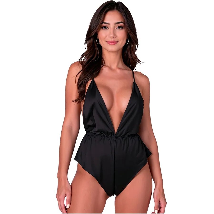 Body érotique élégant en satin noir décolleté V profond bretelles dorées taille élastique lingerie sexy femmes