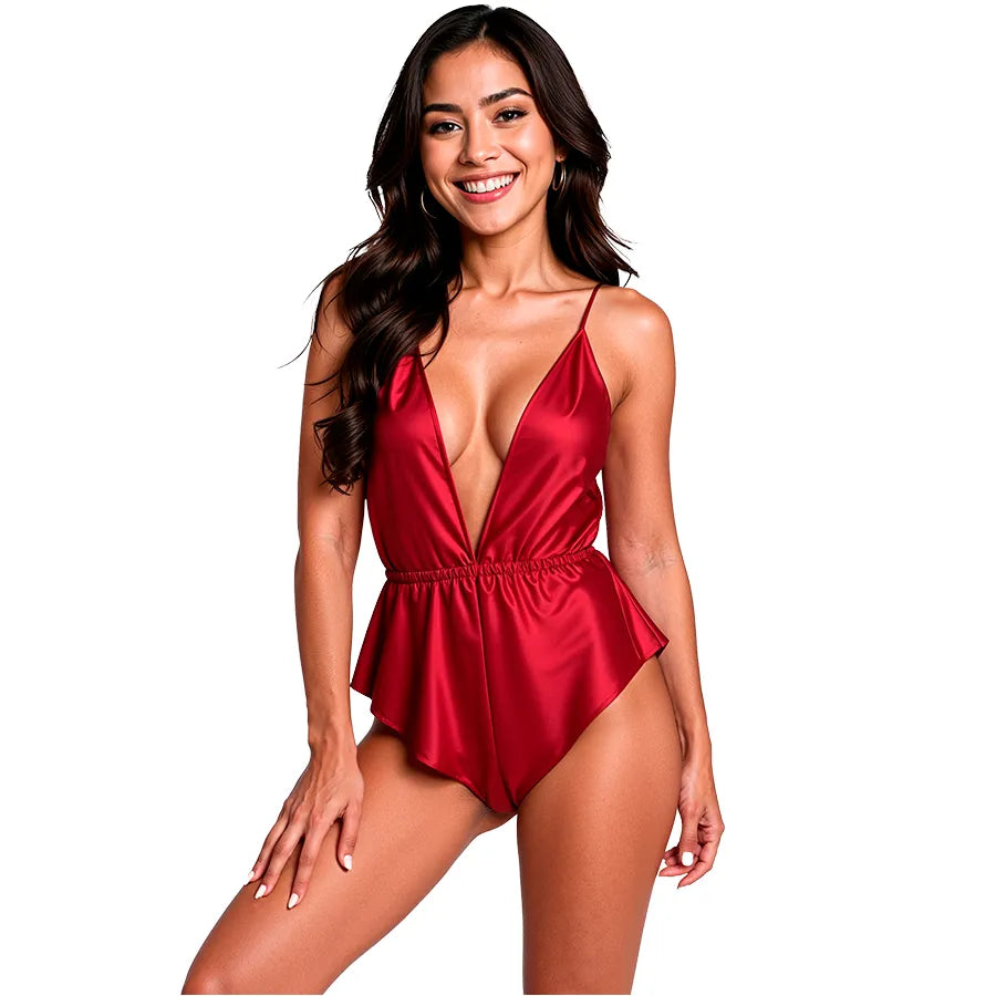 Body lingerie élégant en satin rouge ajusté décolleté V bretelles fines confortuxe passionnée féminine