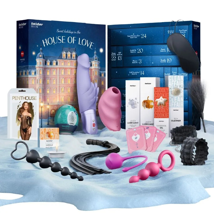 Calendrier de l'Avent érotique Satisfyer Deluxe 2025 avec sextoys et accessoires, coffret bleu élégant.
