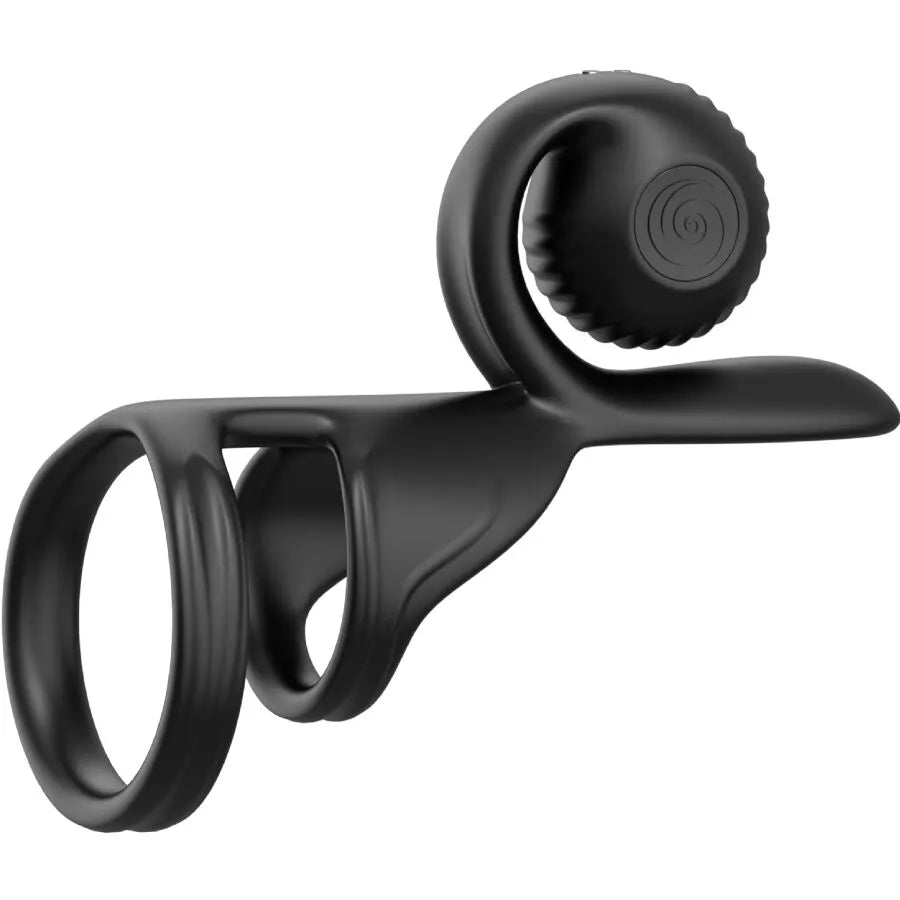 Anneau pénien vibrant noir en silicone médical avec télécommande, design ergonomique pour couples, stimulation synchronisée.