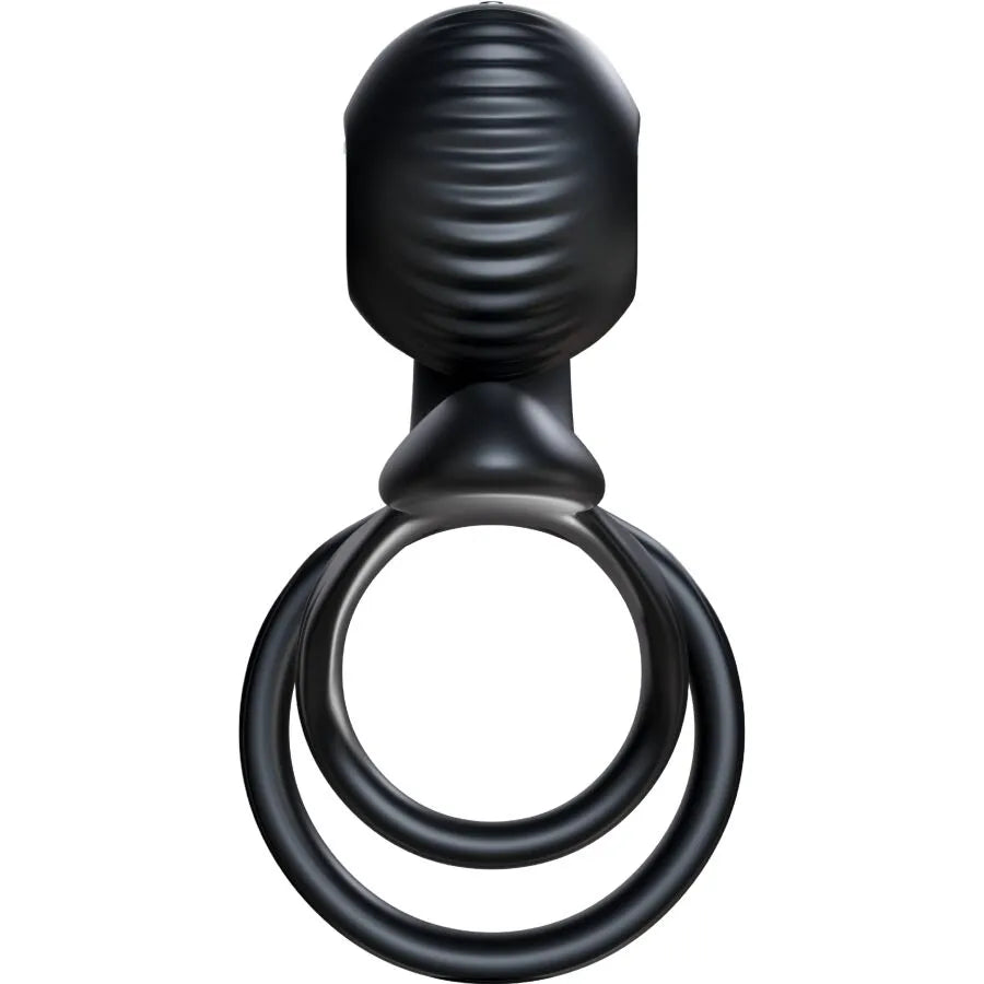 Anneau pénien vibrant noir en silicone médical avec télécommande, design ergonomique pour couples, stimulation synchronisée.
