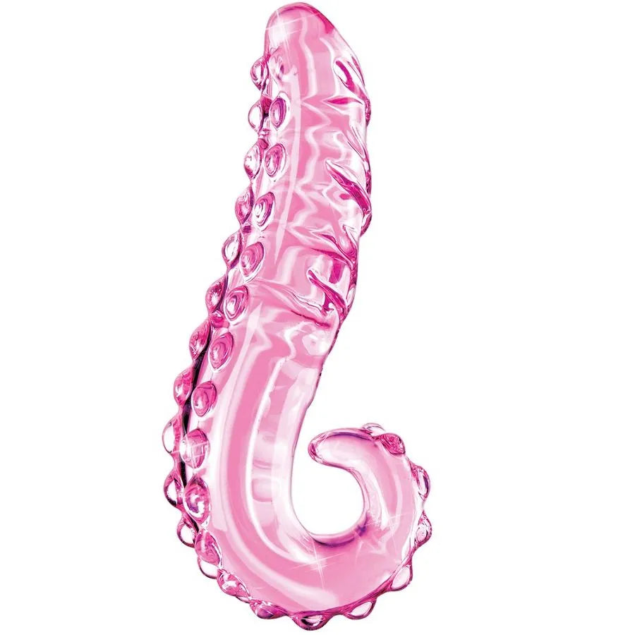 Dildo en verre courbé avec nodules stimulation texturée transparent rose sextoy intime couple érotique hypoallergénique durable