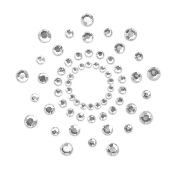 Bijoux Indiscrets Mimi argent, décorations sensuelles pour tétons, forme circulaire, strass brillants, élégance corporelle.