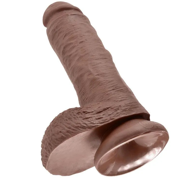 Dildo réaliste marron avec testicules, ventouse, 20.3 cm, texture douce, sans latex, submersible, plaisir authentique.