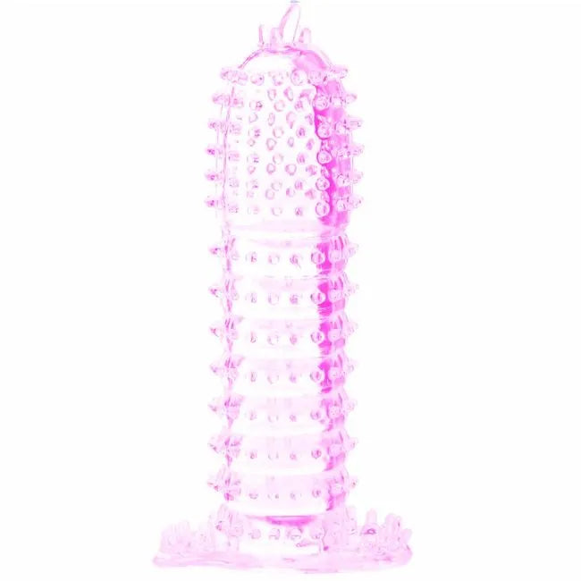 Gaine pénienne rose en silicone avec nodules stimulants, 14,2 cm, pour sensations érotiques et plaisir accru.