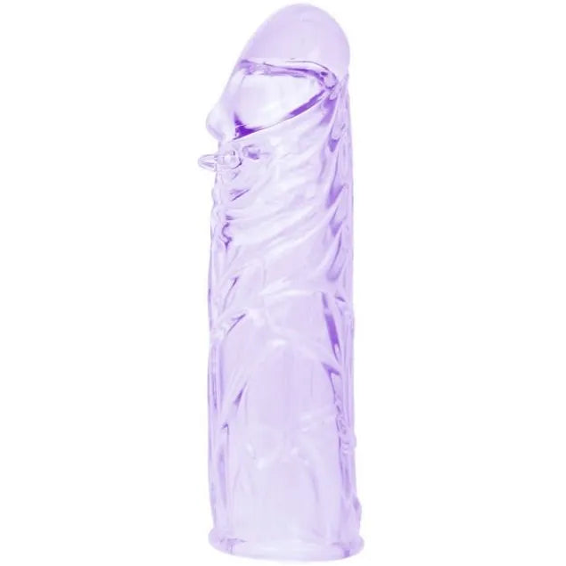 Coque silicone souple réversible violette, design texturé, adaptable pour stimulation pénis et plaisir intense.