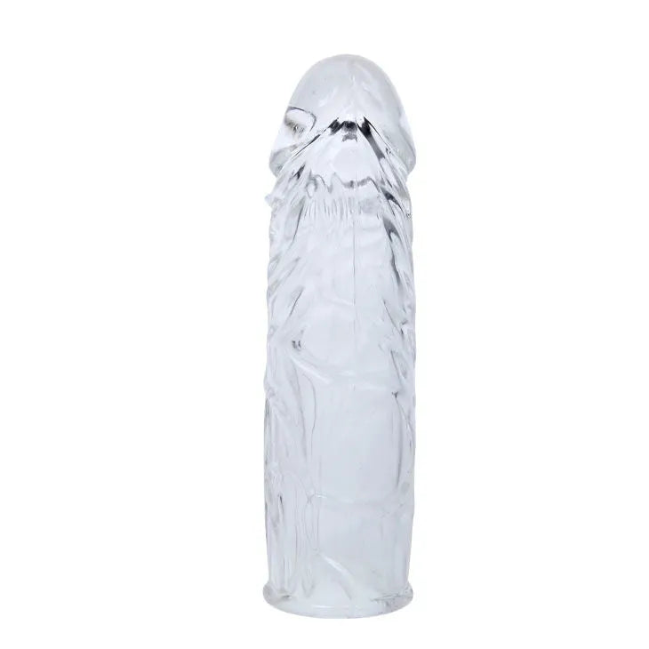 Housse de pénis en silicone rose texturée, 14,2 cm, flexible, avec nodules pour stimulation érotique accrue.