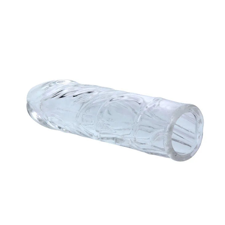Housse de pénis en silicone rose texturée avec nodules, 14,2 cm, flexible pour sensations érotiques intenses.