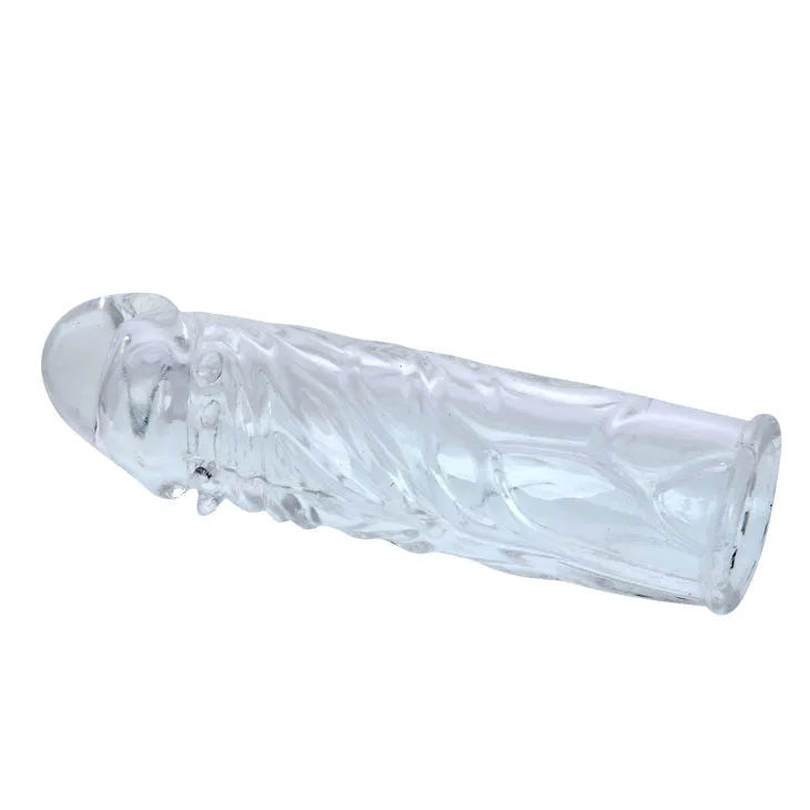 Housse de pénis en silicone rose, texturée de nodules, 14,2 cm, flexible, pour sensations érotiques et plaisir accru.