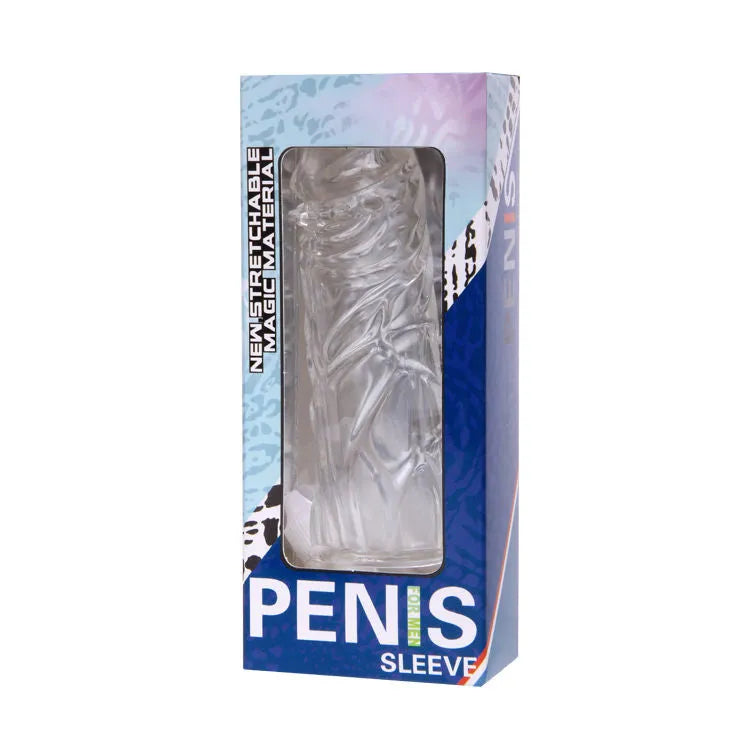 Housse de pénis en silicone rose texturée avec nodules, 14,2 cm, flexible, pour sensations érotiques accrues.