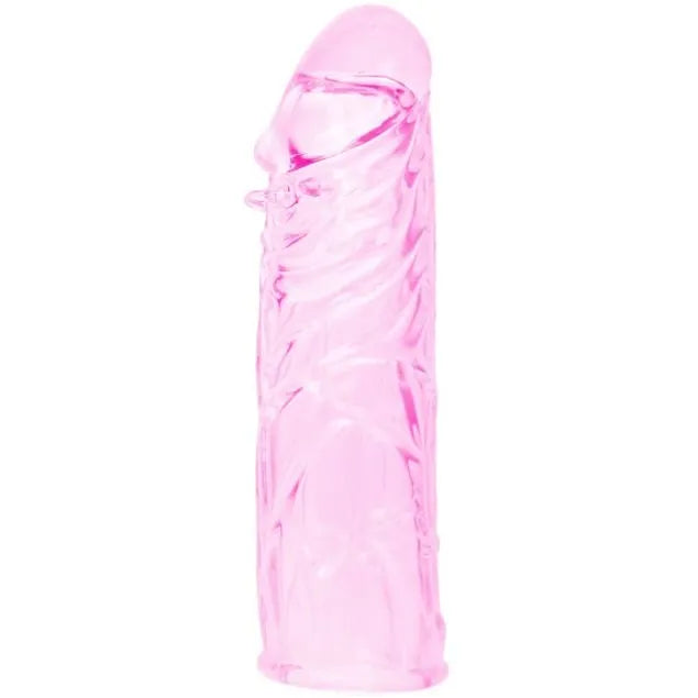 Housse de pénis en silicone rose texturée, 14,2 cm, flexible, nodules stimulants pour sensations érotiques intenses.