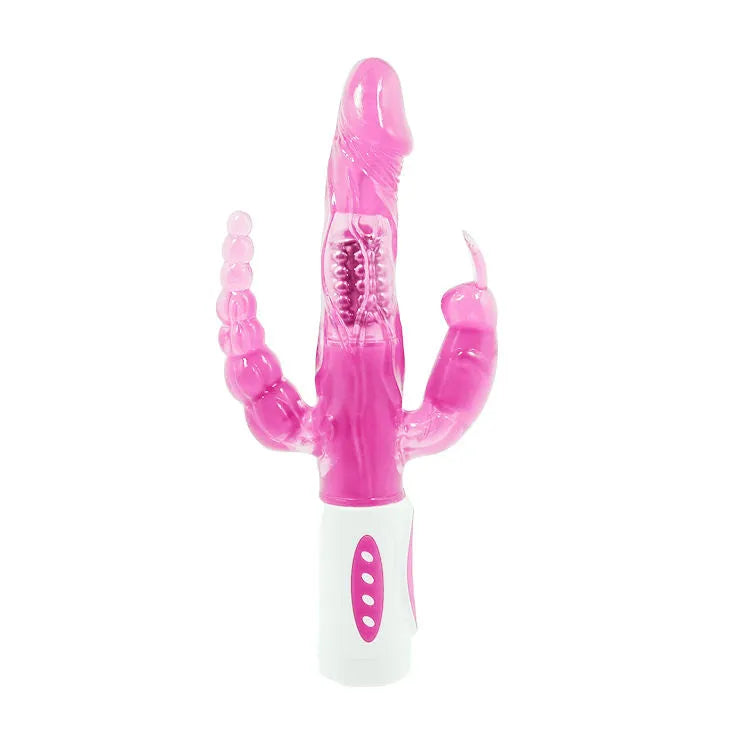 Vibromasseur rose avec stimulateur clitoridien et anal, perles métalliques, 12 vitesses, idéal pour stimulation multiple.