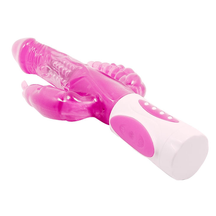 Vibromasseur rose Baile Pretty Bunny avec stimulateurs multiples, perles métalliques et commandes blanches sur la base.