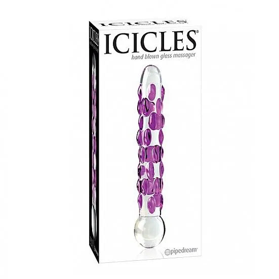 Dildo en verre Icicles N. 07, design élégant, texture violette stimulante, verre borosilicaté hypoallergénique.