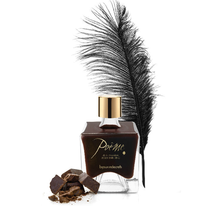 Flacon de peinture comestible chocolat noir avec stylo en silicone, texture fondante, idéal pour messages intimes.