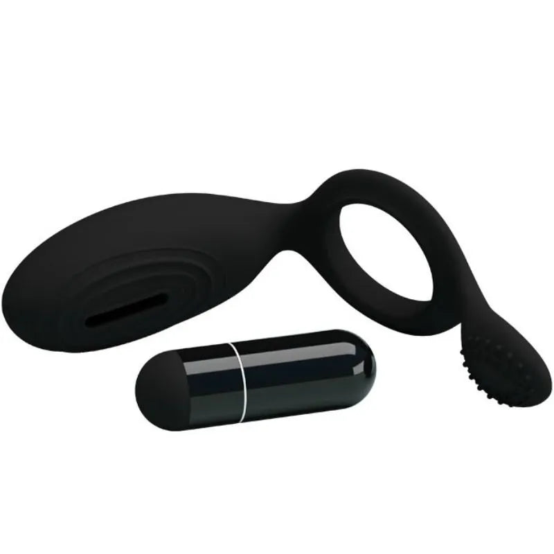 Anneau vibrant noir Pretty Love Ethel en silicone, design ergonomique, stimulation clitoridienne, sextoy discret.