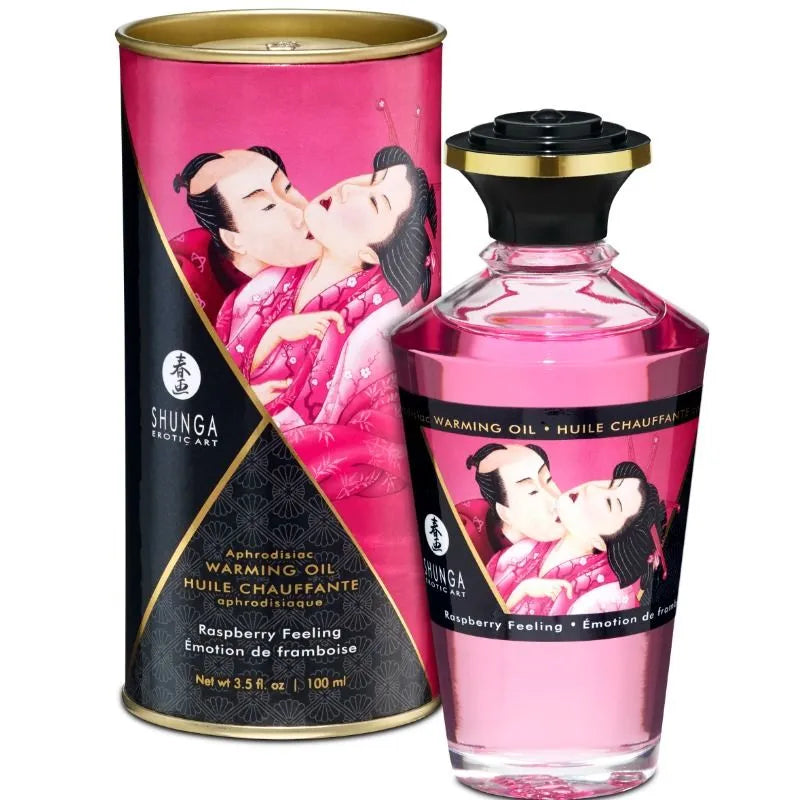 Shunga huile de massage chauffante saveur intense framboise effet thermique erotico huile de bien-être sensuelle pour couple