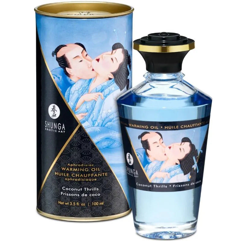 Shunga huile de massage effet chaleur saveur coco 100ml design élégant art japonais couple intimité bien-être aphrodisiaque