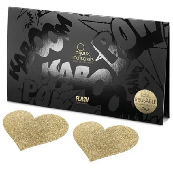 Cache-tétons dorés en forme de cœur, pailletés, réutilisables, sur fond noir avec motifs graphiques et logo Bijoux Indiscr...