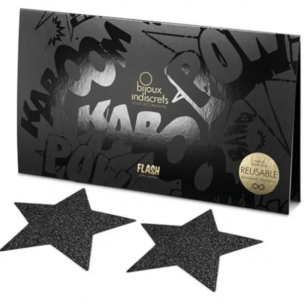 Étoiles noires pailletées autocollantes Bijoux Indiscrets, réutilisables, pour décoration corporelle séduisante et élégante.