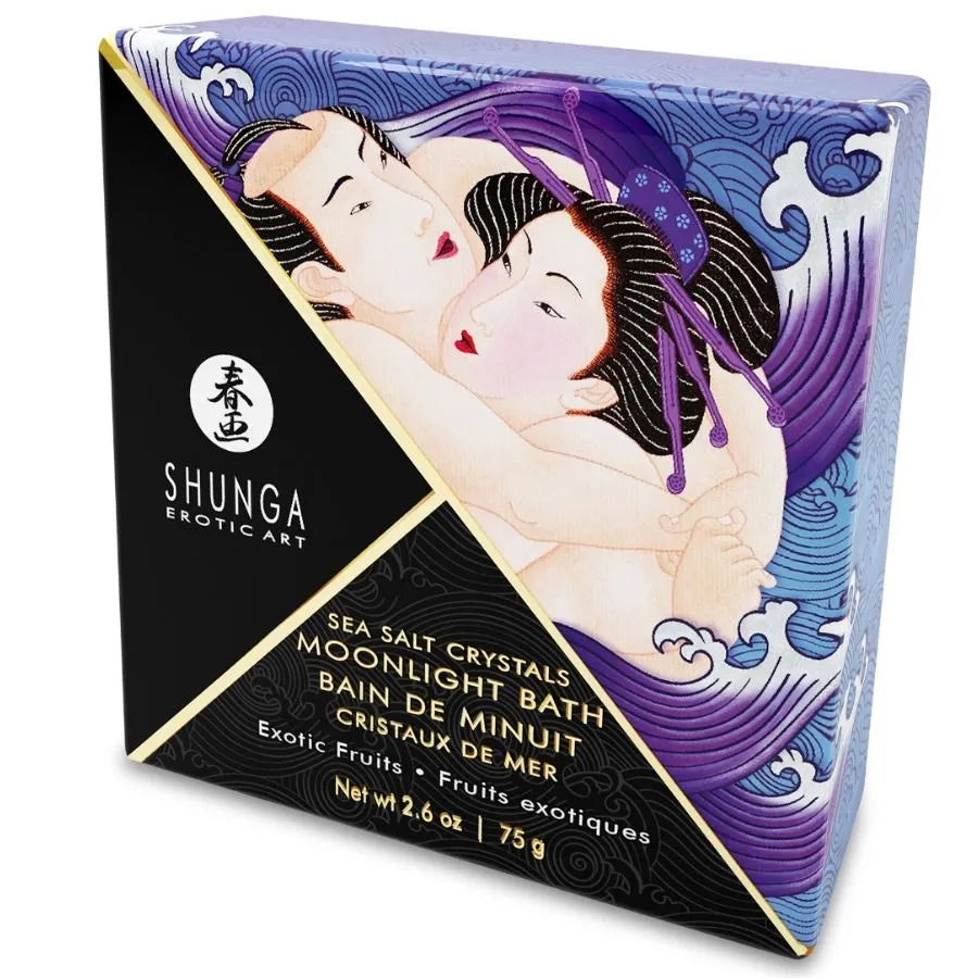cristaux bain aromatisés Shunga relaxant aphrodisiaque fruits exotiques teinte lilas sensoriel raffiné artistique japonais illustré bleu violet doré