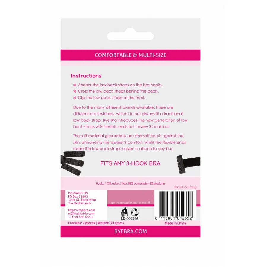 Adaptateur soutien-gorge Bye Bra noir et blanc, bretelles dos nu croisées, compatible 2-3 crochets, emballage visible.