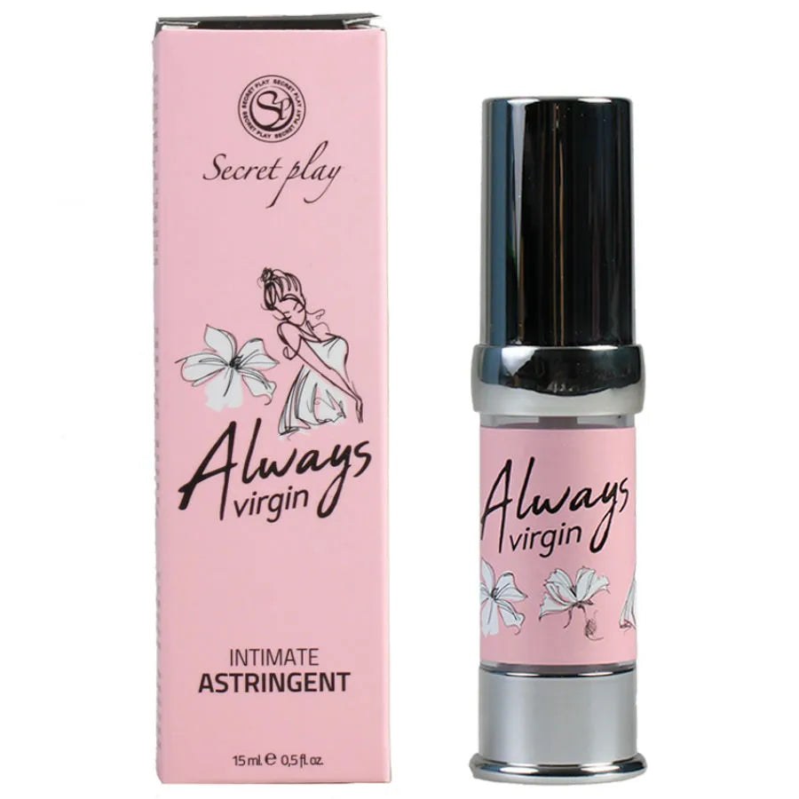 Flacon rose d'astringent intime Always Virgin par Secretplay, 15 ml, avec boîte assortie, ingrédients naturels.