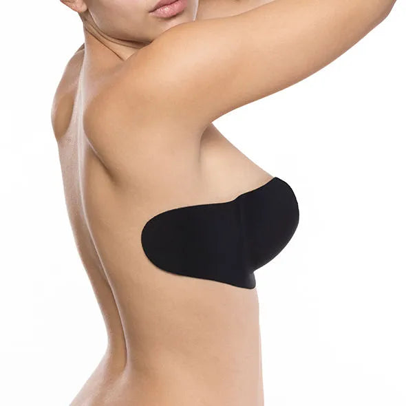 Soutien-gorge noir sans bretelles, forme balconnet, adhésif, idéal pour robes dos nu, galbe et soulève la poitrine.