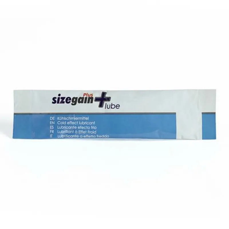 Sachet bleu et blanc de lubrifiant intime Sizegain Plus Lube, effet froid, 5 ml, boîte de 10 monodoses.