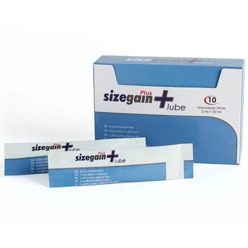 Boîte bleue et blanche de lubrifiant Sizegain Plus Lube avec 10 sachets unidoses effet froid, 5 ml chacun.