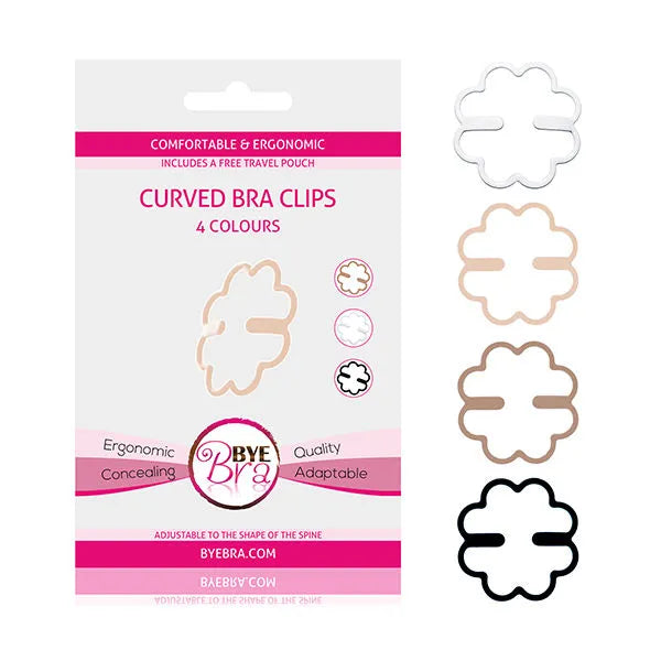 Clips de soutien-gorge Bye Bra ergonomiques et pliables, 4 couleurs, pour cacher les bretelles, confort et discrétion.