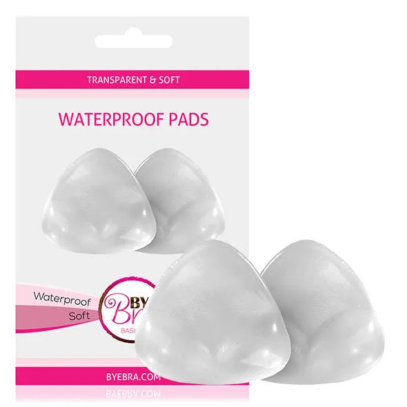 Coussinets push-up imperméables transparents, forme triangulaire, matériau gel doux, emballage Bye Bra visible.