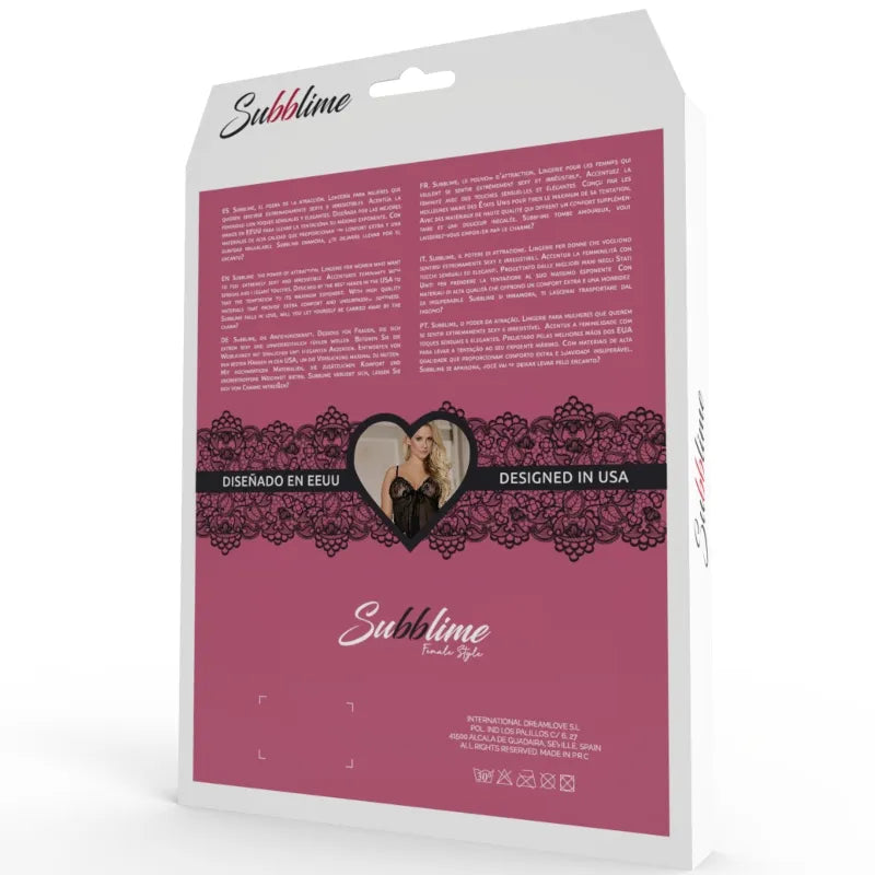 Chemise lingerie noire transparente, motifs floraux, lacets, string inclus, élégance et séduction Subblime.