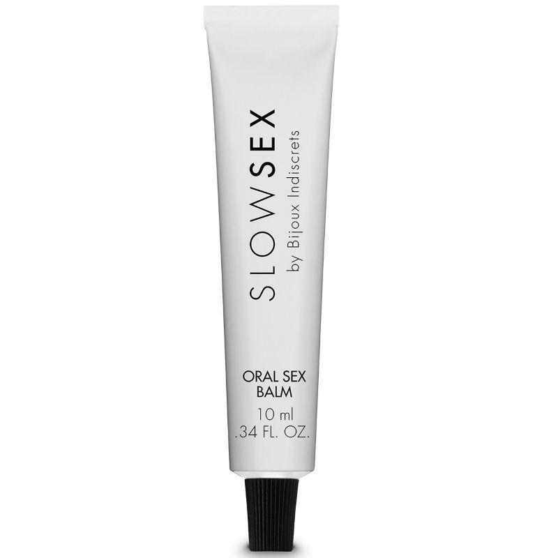 Baume oral Slow Sex 10 ml, tube blanc avec bouchon noir, cosmétique érotique pour plaisir sensuel et intime.