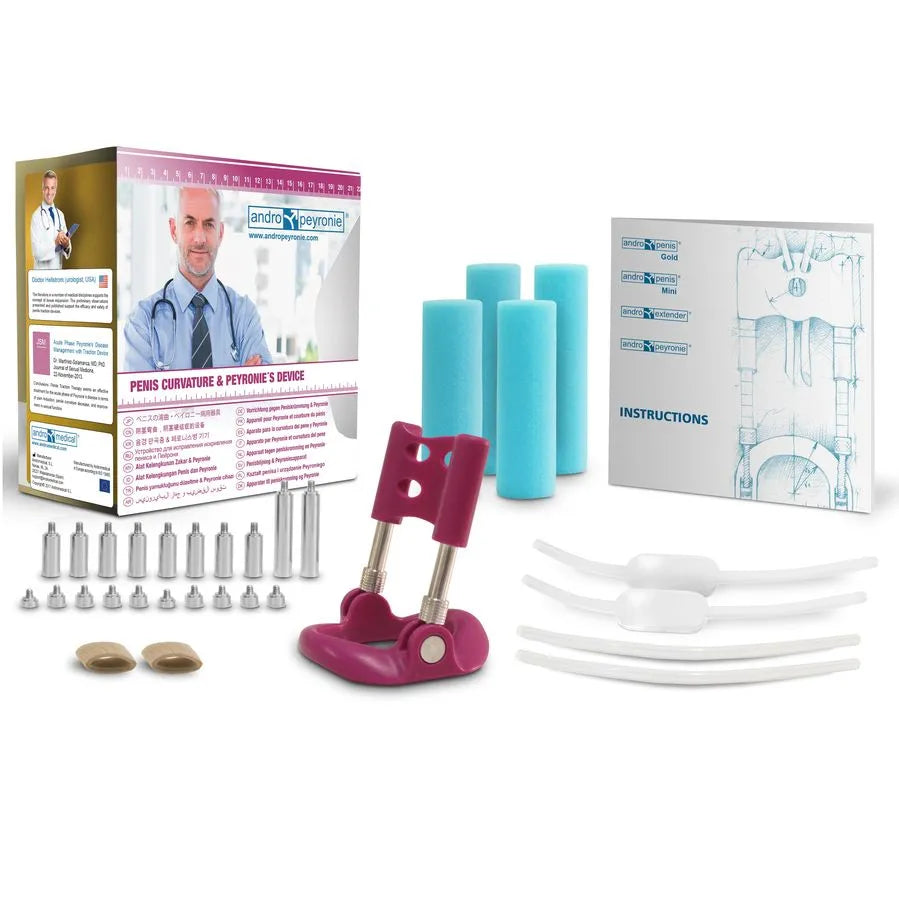 Dispositif Andropeyronie violet métallique, ergonomique, avec accessoires, boîte et manuel pour correction pénienne.