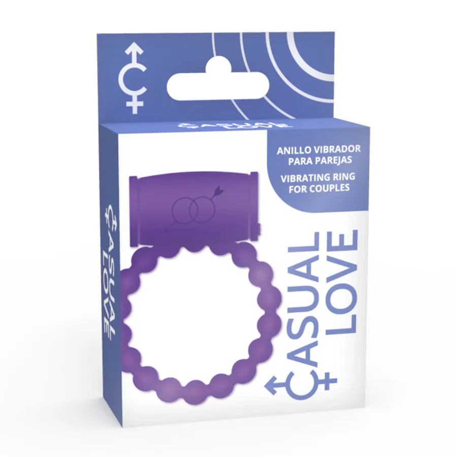 Anneau vibrant violet en silicone flexible, stimulateur clitoridien, emballage bleu CASUAL LOVE pour couples.