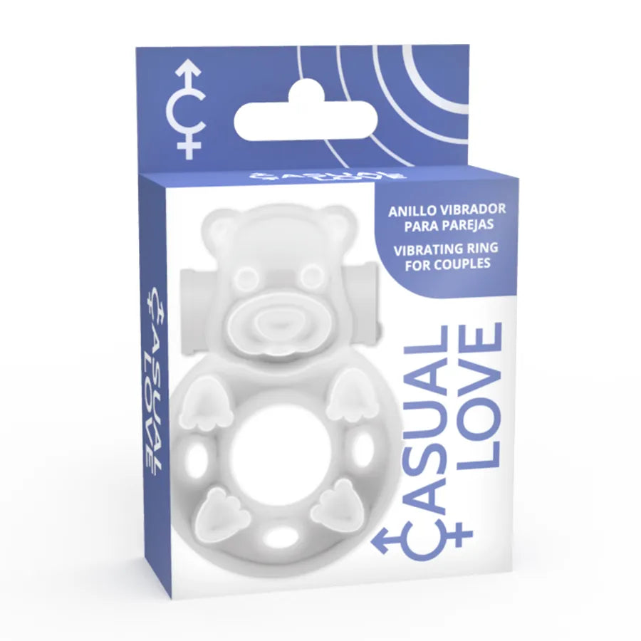 Anneau vibrant transparent en TPR avec motif lapin, interrupteur intégré, emballage bleu et blanc, pour plaisir intime.