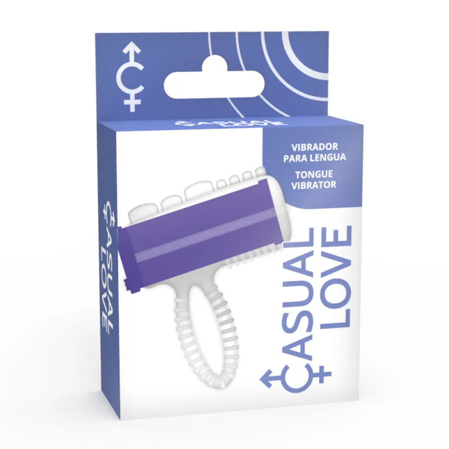 Vibromasseur lilas en forme de langue, flexible, avec moteur puissant, présenté dans un emballage Casual Love.