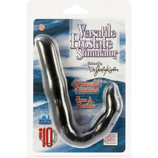 Stimulateur prostate noir en forme de U, 10 fonctions, étanche, emballage transparent, piles incluses.