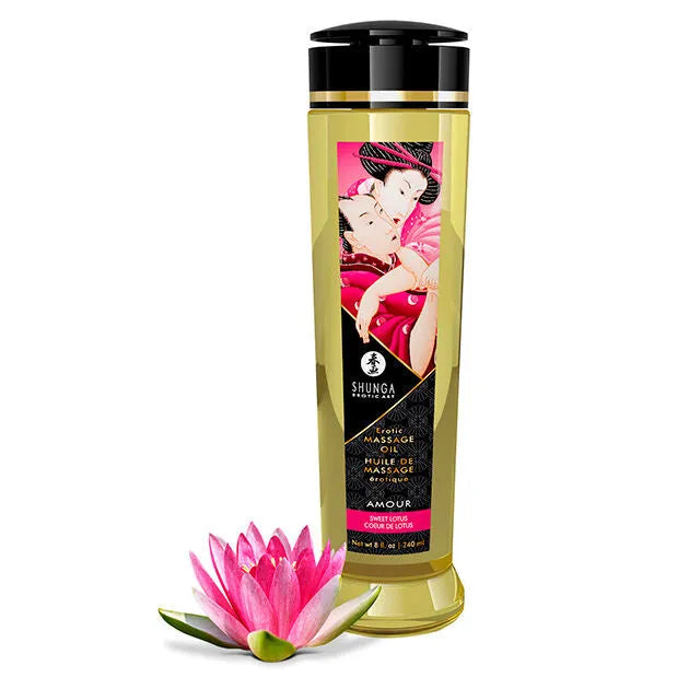 Shunga Huile De Massage Érotique Sweet Lotus 240 Ml Design Oriental Flacon Doré Idéal Pour Massages Sensuels Couple Intimité