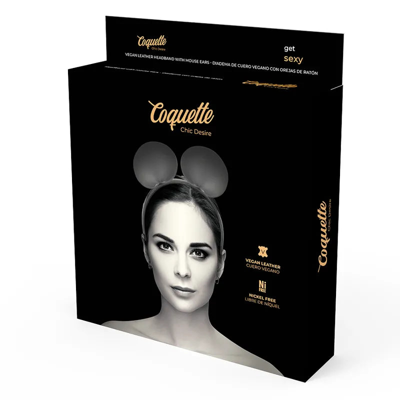 Bandeau noir avec oreilles de souris en cuir végétalien, accessoire élégant pour lingerie, par Coquette Chic Desire.