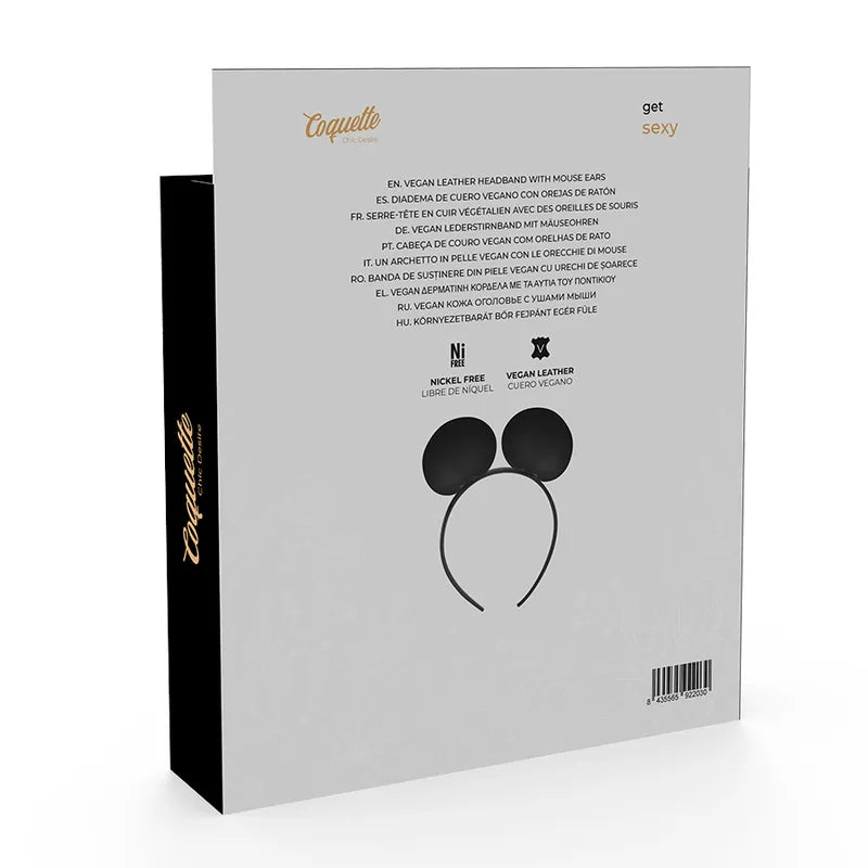 Serre-tête noir avec oreilles de souris en cuir végétalien, design élégant et original, par Coquette Chic Desire.