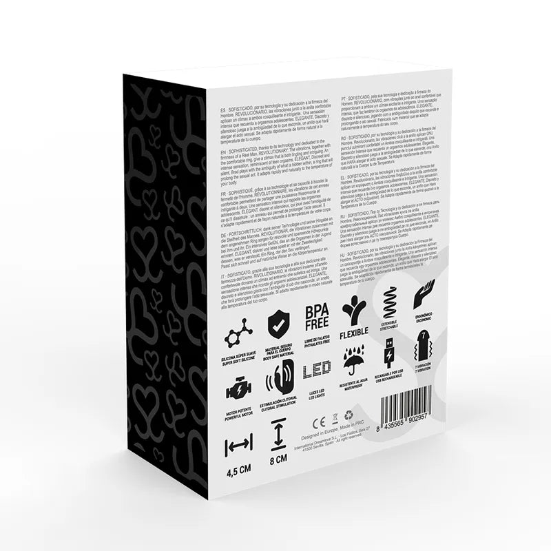 Boîte d'anneau vibrant ergonomique en silicone premium, noir, détails texturés, rechargeable, étanche, hypoallergénique.