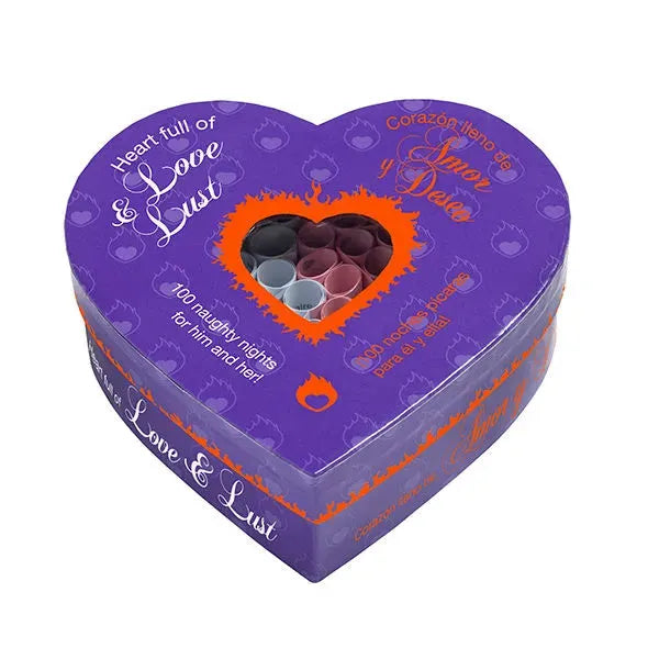 Boîte en forme de cœur violette Heart Full of Love & Desire, jeu érotique pour couples, défis et surprises.