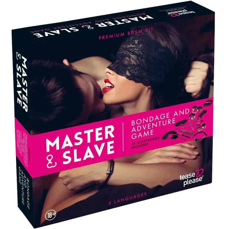 Jeu sensuel Cinquante Nuances de Grey Maison, boîte noire avec accessoires BDSM, couple en arrière-plan.