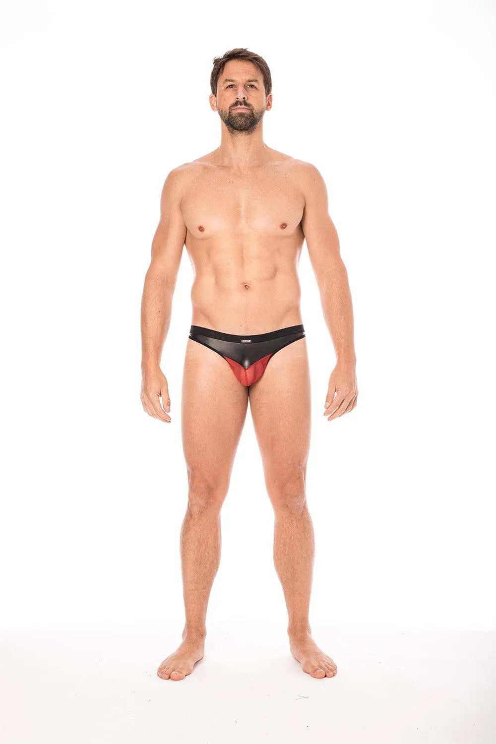 Jock Résille Rouge Simili Cuir Noir Sexy