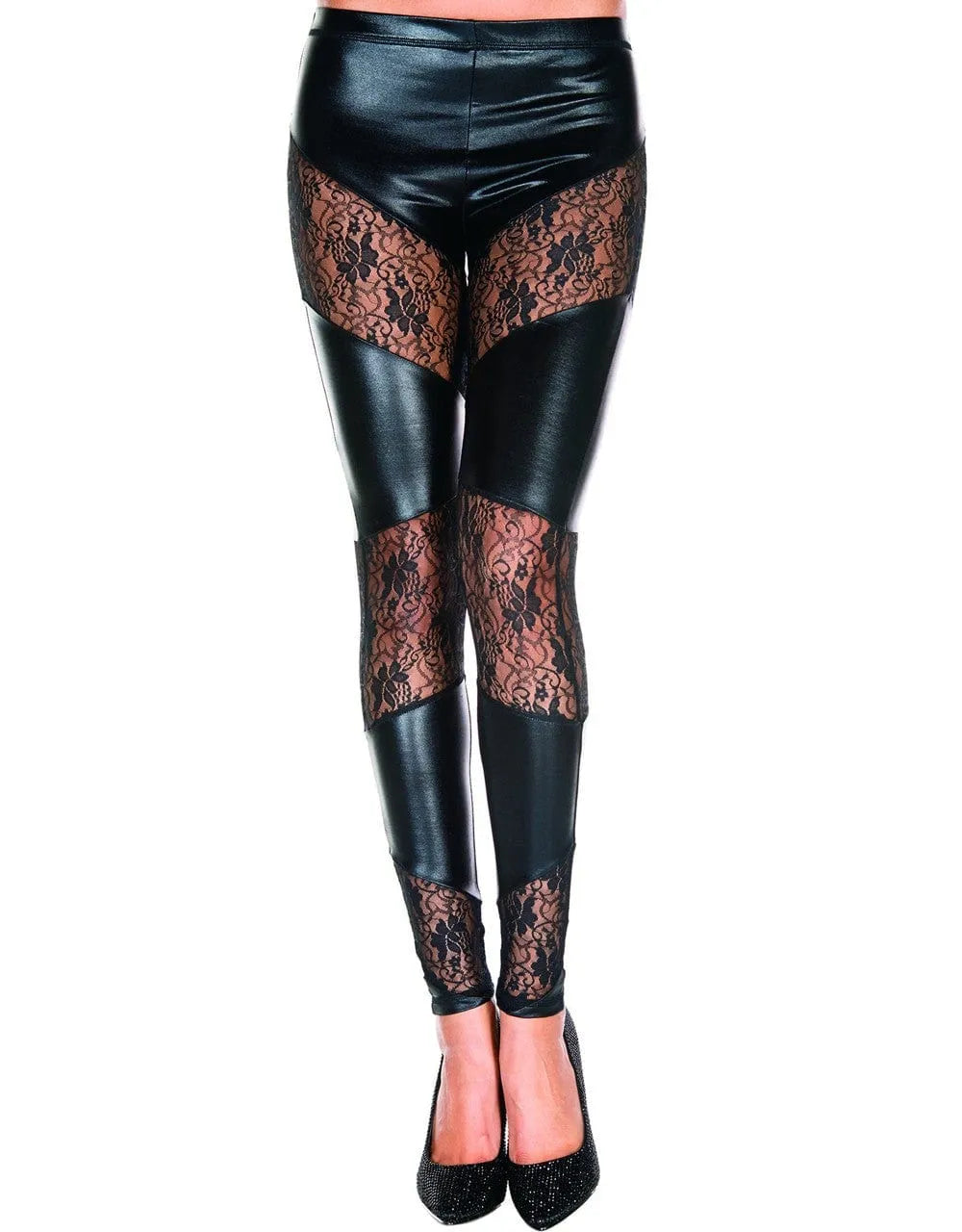 Legging Noir Moulant Wetlook Dentelle Florale