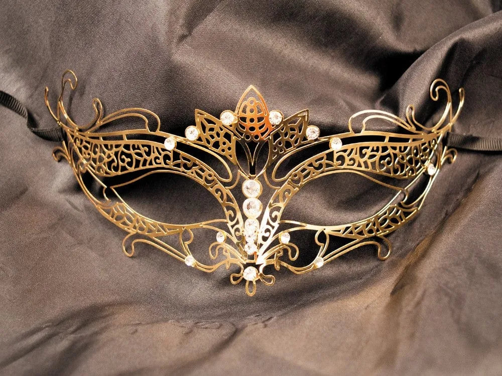 Masque Vénitien Doré En Métal Avec Strass Pour Soirées Élégantes