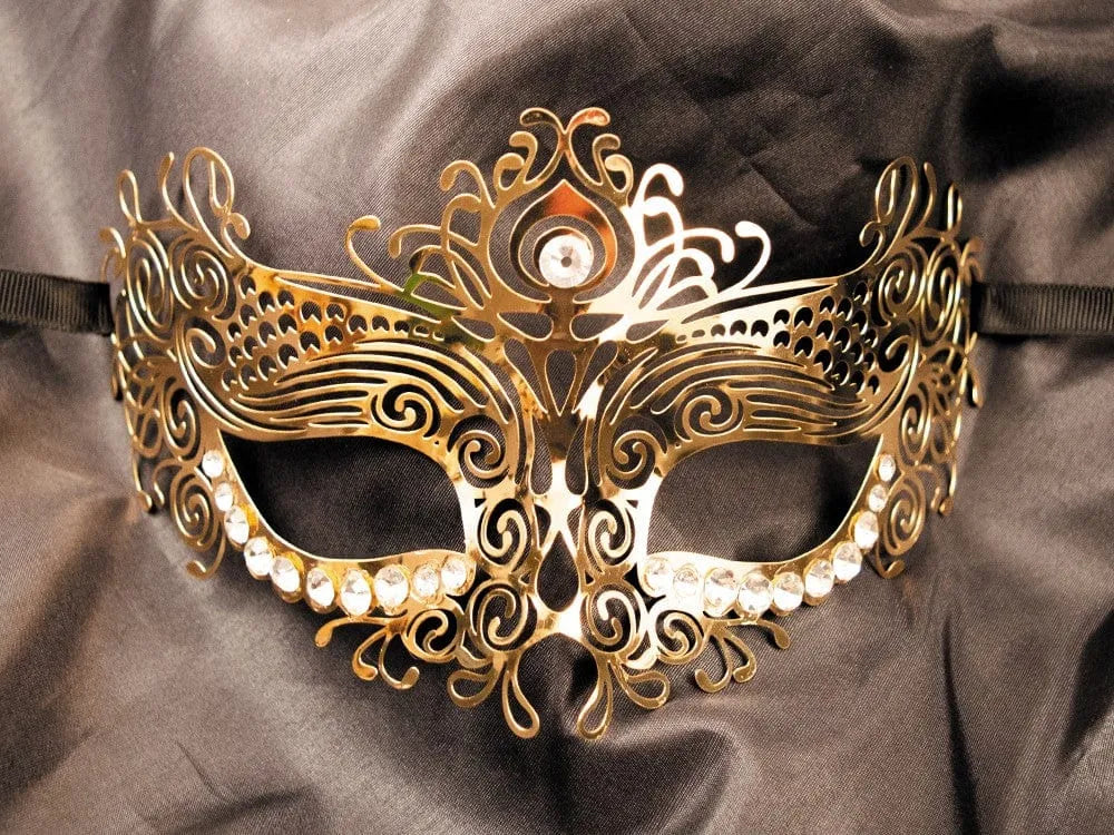 Masque Vénitien Doré En Métal Avec Strass Pour Soirées Élégantes